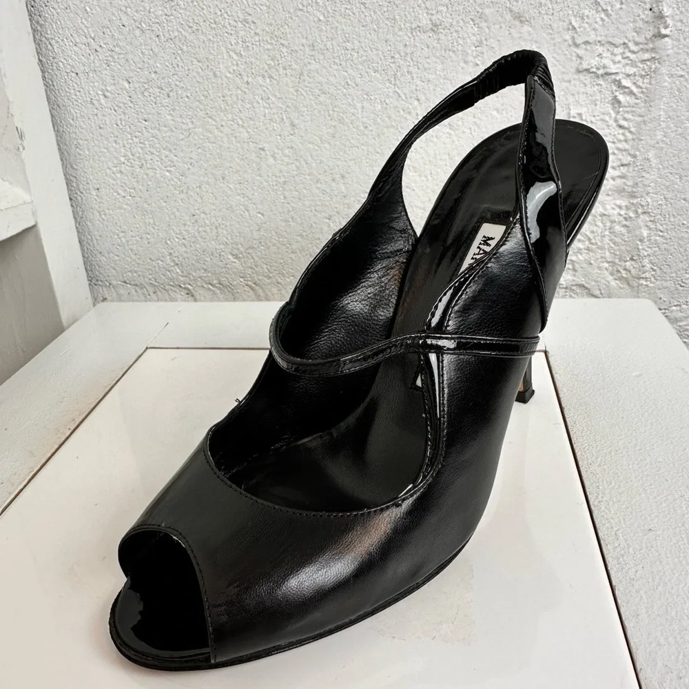 Manolo Blahnik Black Leather Printed Slingback Peep Toe Pumps – Size 36.5 Gift - Picture 4 of 13